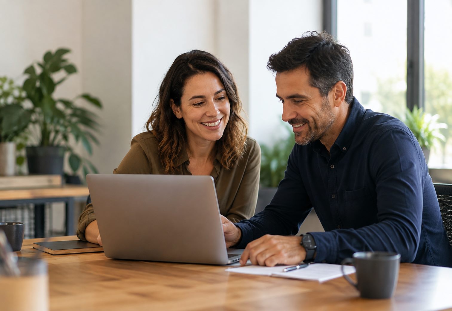 Dos profesionales de vhecode trabajando junto a una clienta frente a un notebook