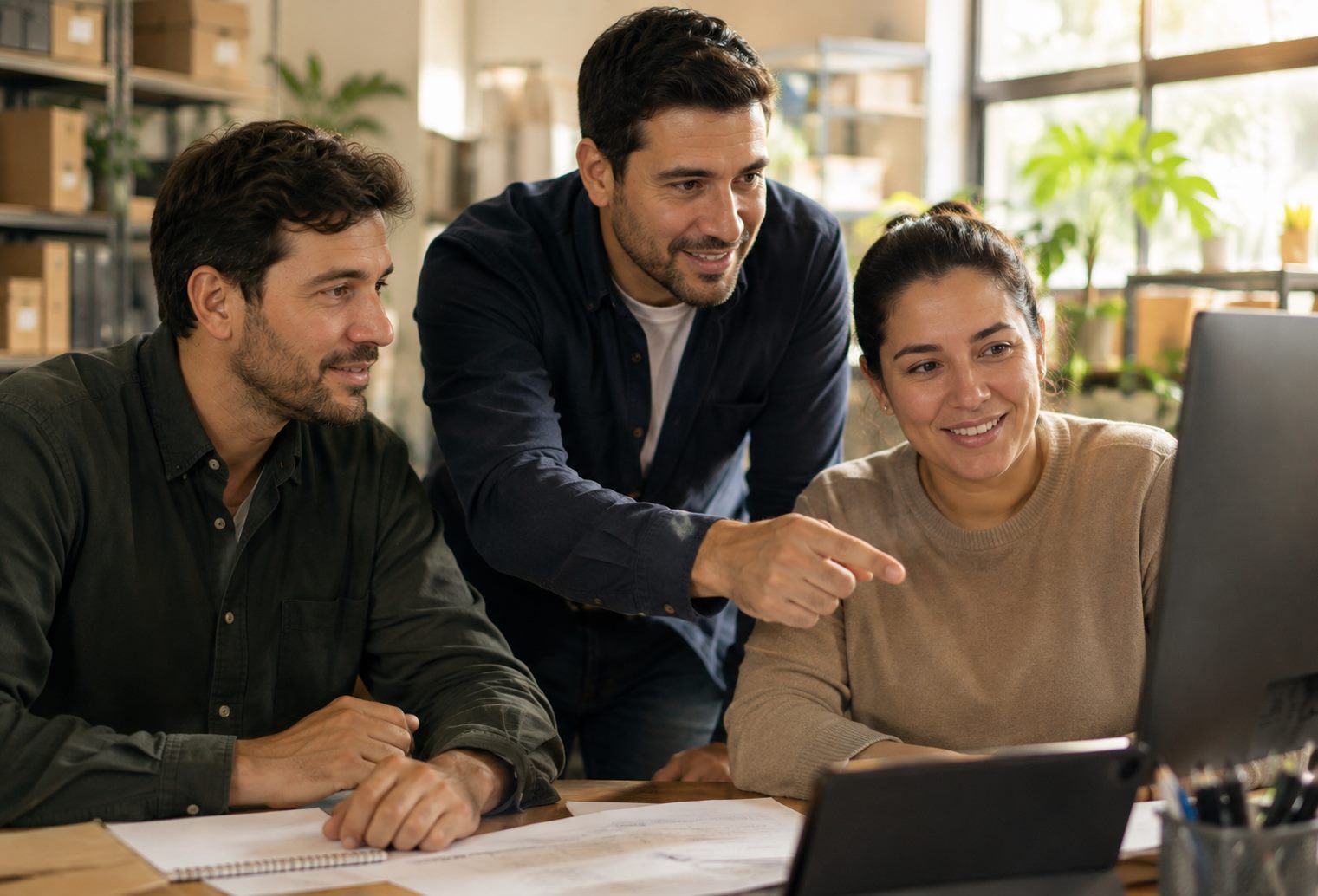 Profesional de vhecode capacitando a dos trabajadores frente a un computador en su lugar de trabajo