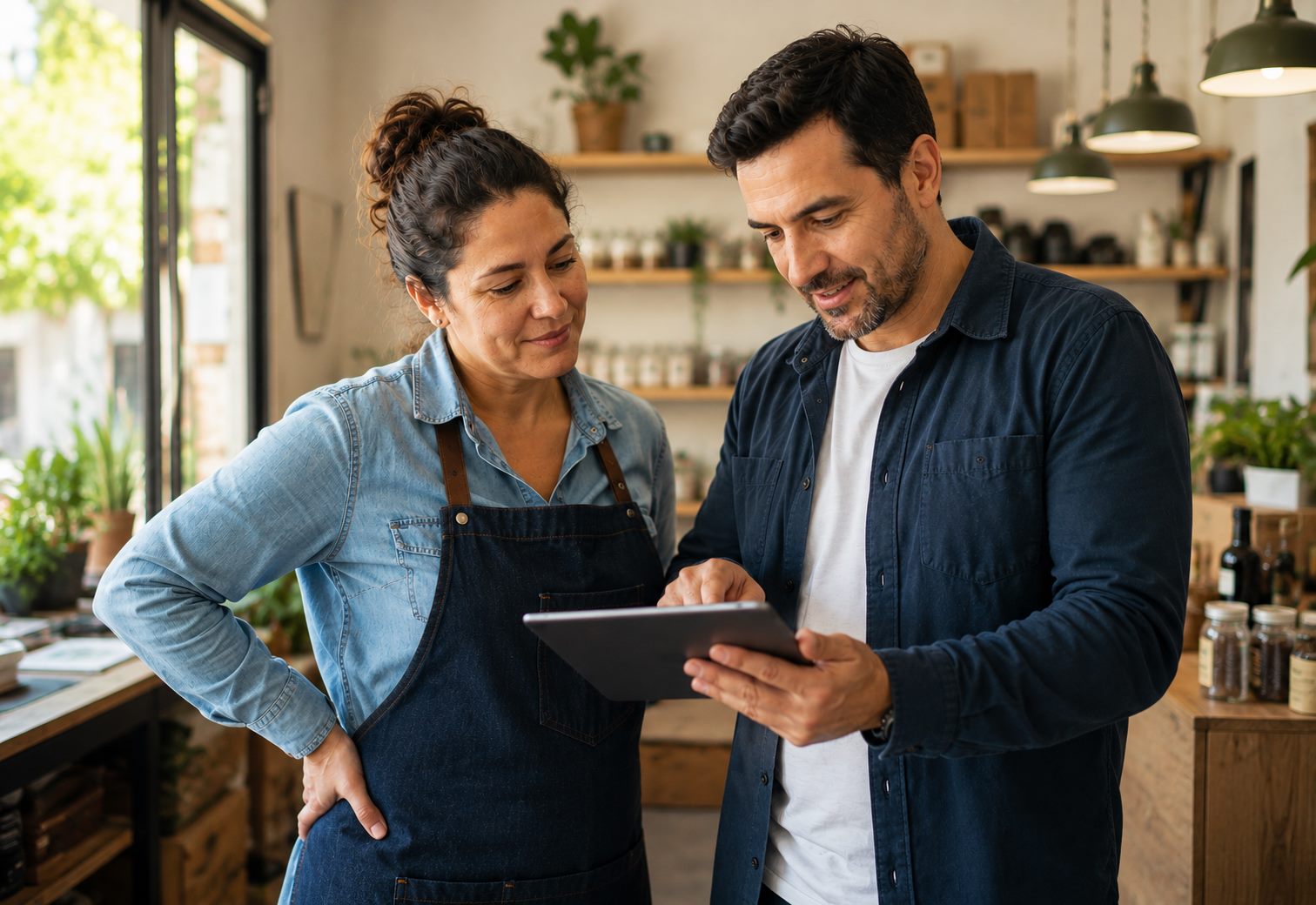Consultor de vhecode explicando vPartner en una tablet a la dueña de una pequeña empresa